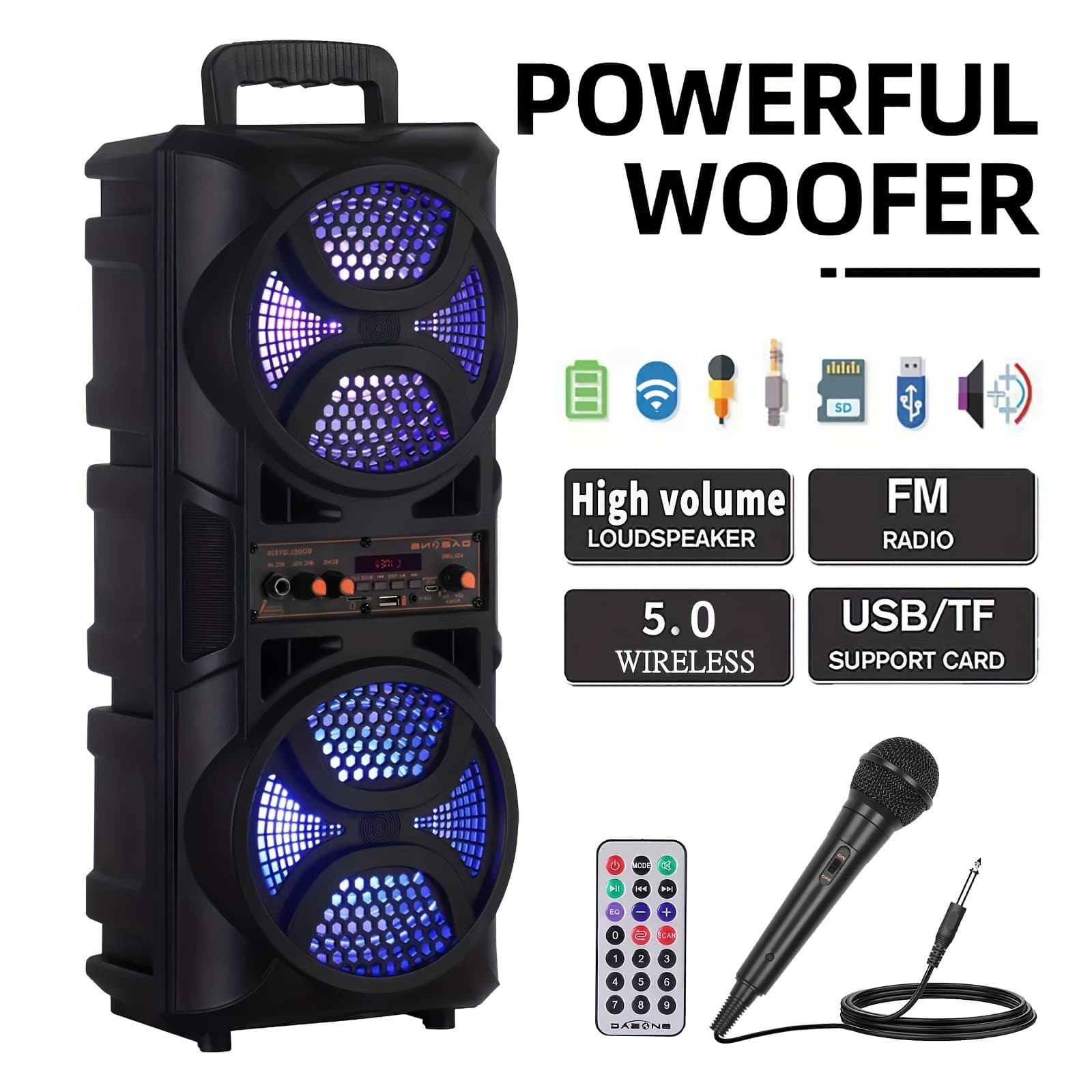 TEMU 3000w Portable Wireless Speaker With .5'', '', '', Double 12'' Subwoofer, Heavy , Wireless 33ft Outdoor Speaker, Large Speaker, Support Fm Radio, Led Colorful Lights, , For Home, Party, Travel
