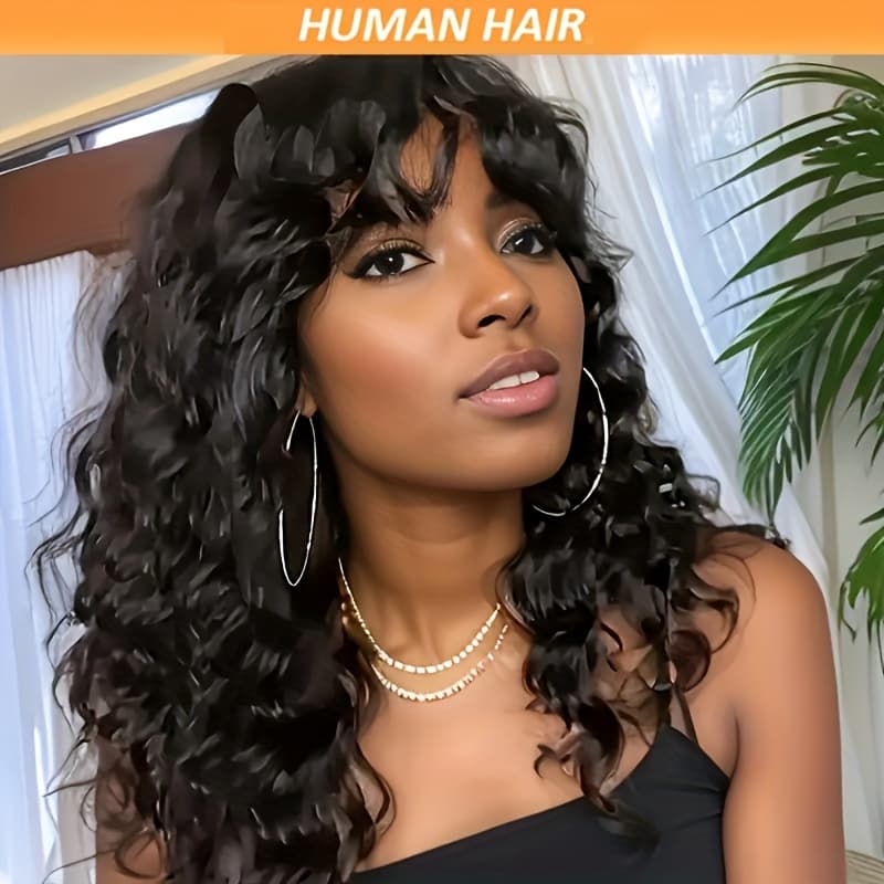 TEMU Elegant Water Wave Wig With Bangs For Woman Glueless Wigs Human Hair, Full Machine Made, Non-lace, , Ideal For Daily Wear & Parties
