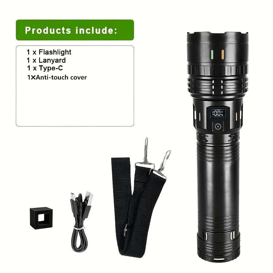 TEMU Led Retractable Handheld Flashlight With Digital Display, Camping, Survival, Rechargeable Emergency Lighting, Spotlight, Emergency , Camping Equipment, Portable Lighting, Essential For
