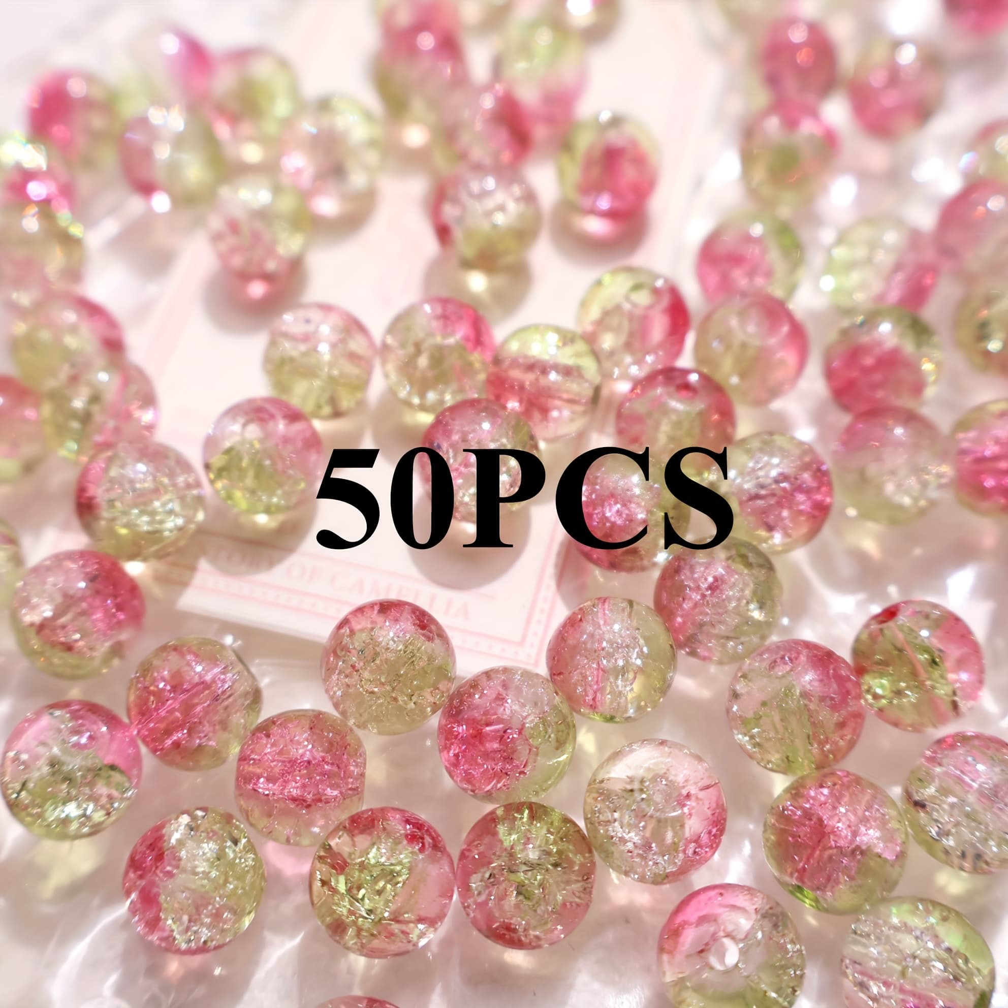 TEMU 50pcs 10mm Spring Pink And Green Gradient Snowflake Crack Glass Loose Beads, Romantic And Fresh Handmade Materials, Suitable For Making Bracelets And Necklaces And Other Crafts