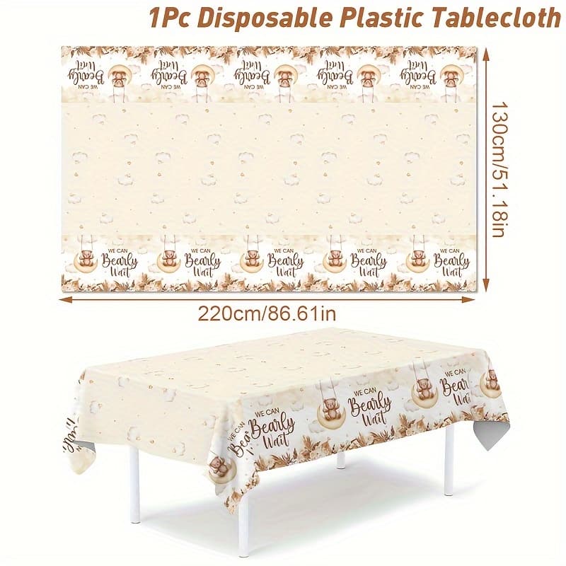 TEMU 1pc, Brown Teddy Bear Disposable Table Cover, Birthday Celebration Decoration For Baby Shower Supplies, Plastic Tablecloth, Adorable Bear Pattern Table Cover