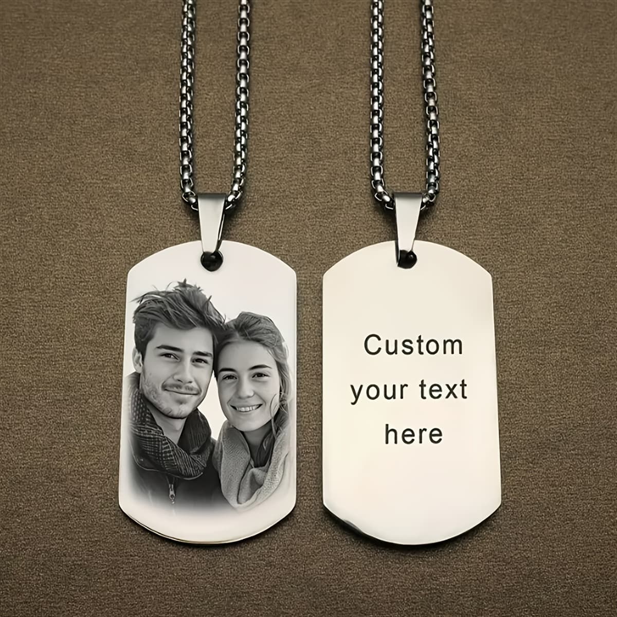 TEMU Custom Photo Text Engraved Dog Tag Pendant Necklace - High Quality Metal, Unisex Personalized Gift, Father's Day, Fashion Style Versatile Jewelry, Wear-resistant Polished Surface