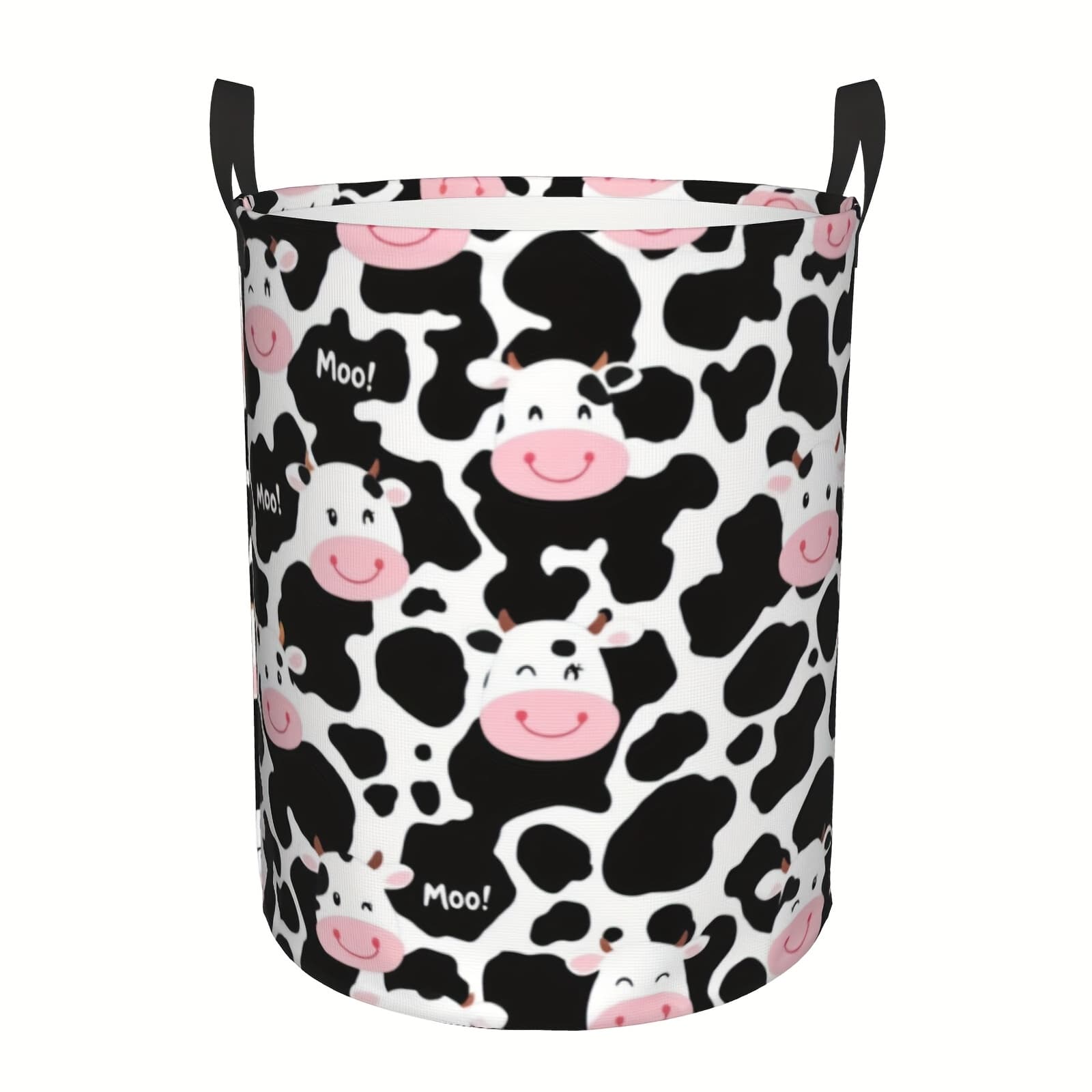 TEMU Whimsical Cow Print Storage Basket With Handles – Fun And Functional Round Laundry Hamper For ', Playroom Organization, And Home Decor, Made Of Polyester Fabric, Laundry Hampers