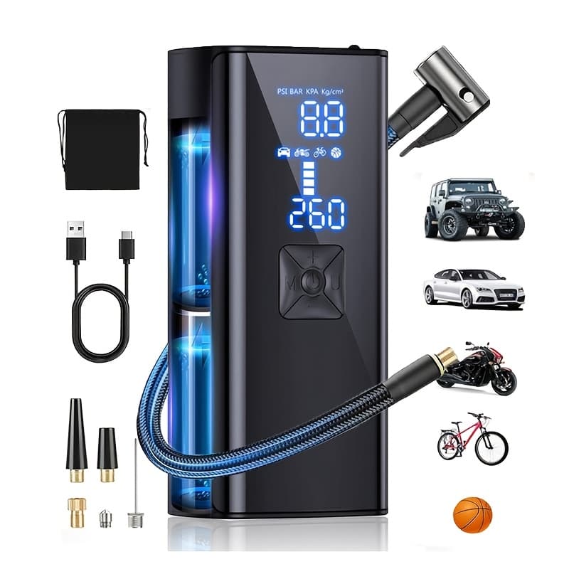 TEMU Tire Inflator Portable Air Compressor, 150psi Portable Air Pump For Car Tires With 25000mah Battery, 2x Faster Electric Air Pump With Digital Pressure Gauge For Car, Bike, Motorcycle, Ball.