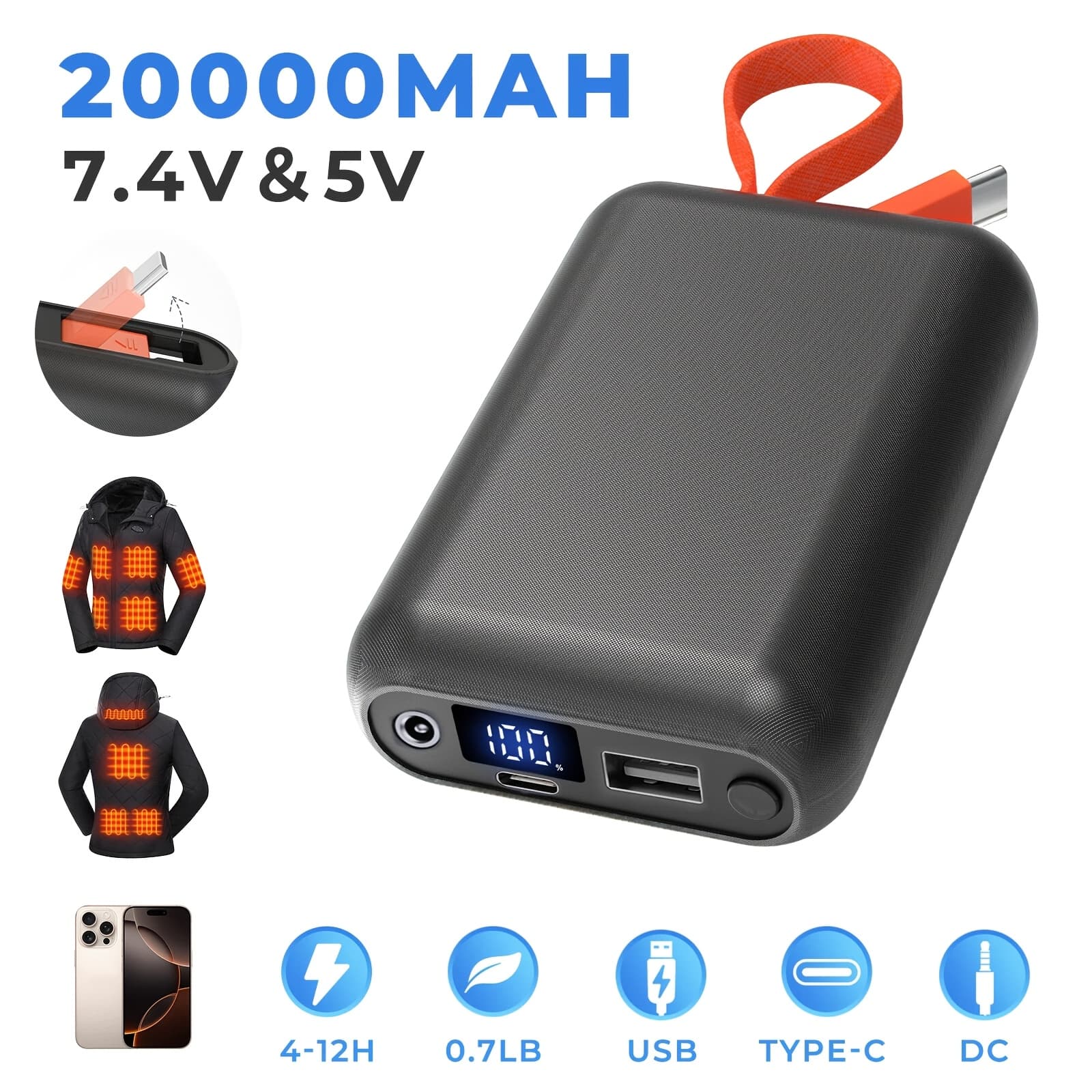TEMU Heated Vest Battery Pack 20, 000mah 7.4v/ 5v, Battery Pack For Heated Vest, /usb- Ports, Led Display, Built-in Usb-c Cable, Fast Charging, For Heated , Heated Jacket, , Coat, Sleeping Bag