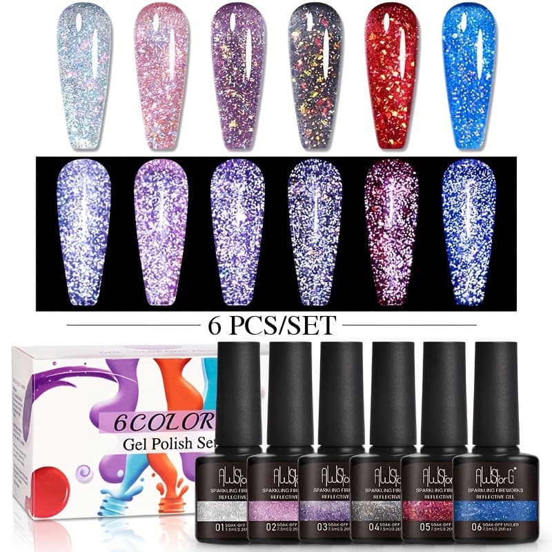 TEMU Awstorg Sparkling Fireworks Reflective Gel Nail Polish Set Of 6 Colors Sparkly Silvery Black Gel Nail Polish Fall Winter 7.5ml