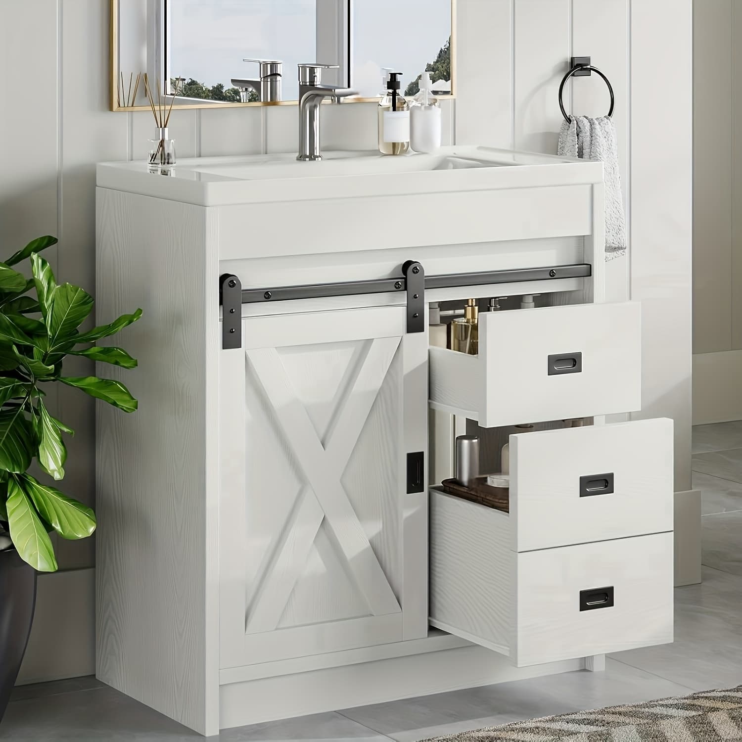 TEMU Farmhouse Bathroom With Sink, White Bathroom Cabinet With 3 Drawers & Sliding Barn Door, Small Bath Storage Sink Set With Metal Handles