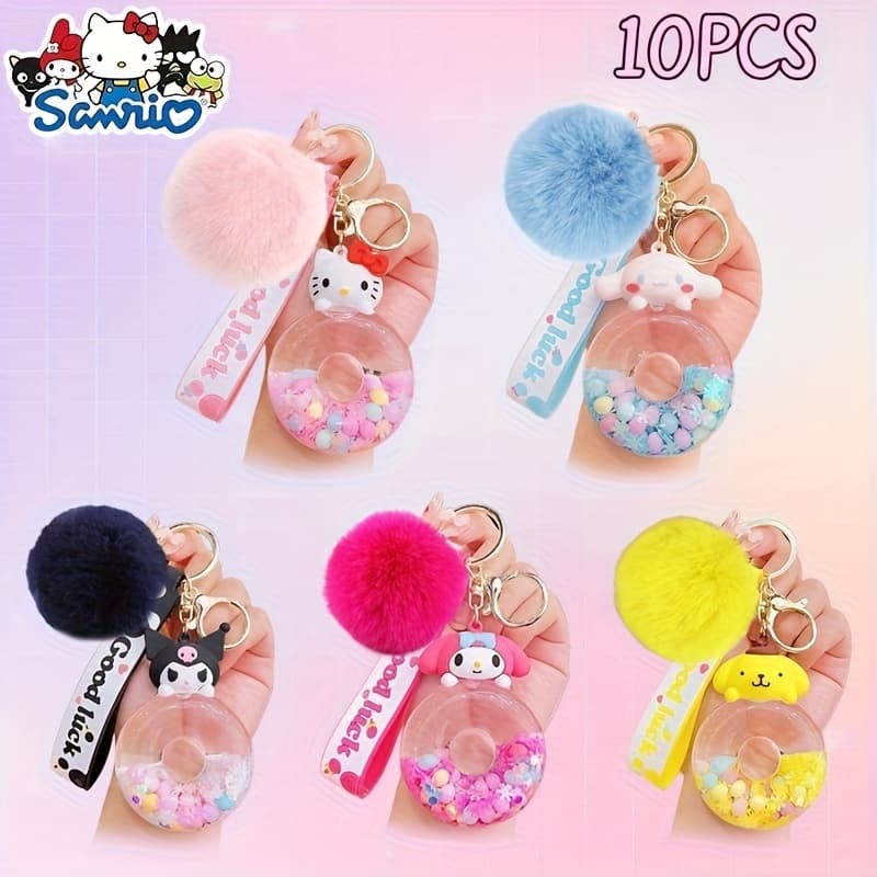 TEMU Official Hello Kitty And Kuromi Keychain Set, 10pcs, Cute Cartoon Key Fobs, For Bag And Car Decoration, As A Gift For