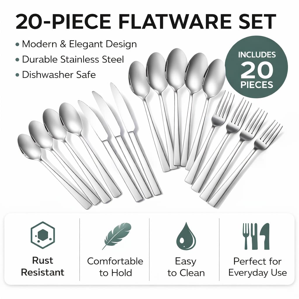 TEMU 20pcs Stainless Steel Cutlery Set With Black Handles, Suitable For Weddings, Birthday Gifts, Parties, Family , And Outdoor Activities; Includes Spoons, Forks, And Knives.
