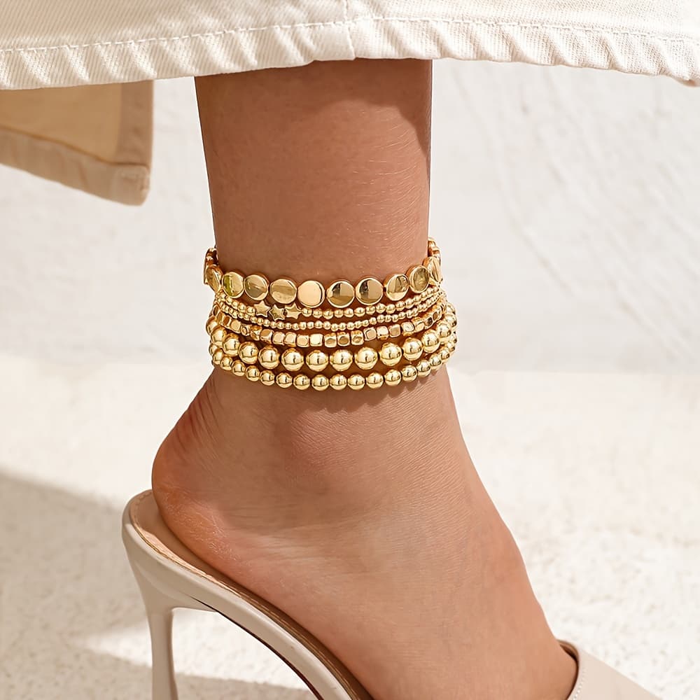 TEMU 6pcs Ccb Plastic Positioning Beaded Elastic Anklet Set Beach Daily Anklet Star Flat Bead Beaded Set
