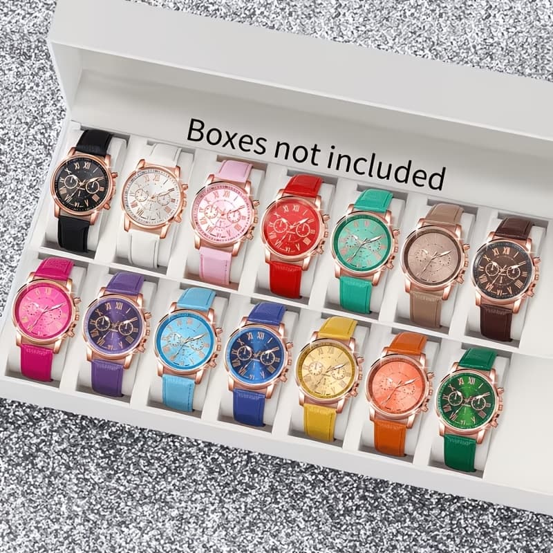 TEMU 14pcs/set Women's Watch Set - Pu Strap Round Roman Numeral Dial Wristwatches With Candy Color & Suitable For, Office, Parties, Casual Wear, Classic Watch Combo (no Gift Box Included)