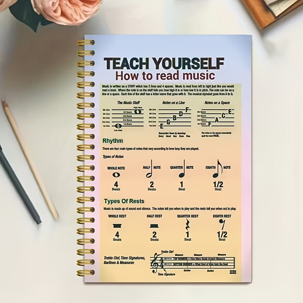 TEMU 1pc Self-study Music Score Themed Spiral Notebook | 5.5x8.3 Inches Lined Inner Pages | Essential For Music Self-study | Suitable For Music Note-taking | Writing Sheet Music | Daily Note Storage