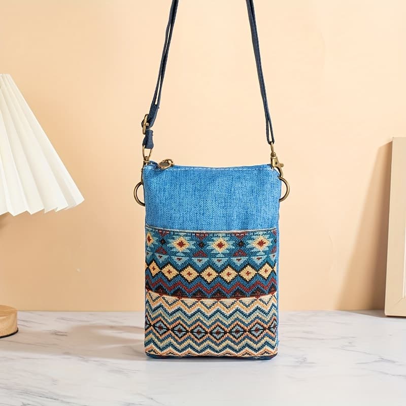 TEMU Bohemian Ethnic Style Jacquard Mobile Phone Bag With Multiple Compartments And Adjustable Zipper Crossbody Bag