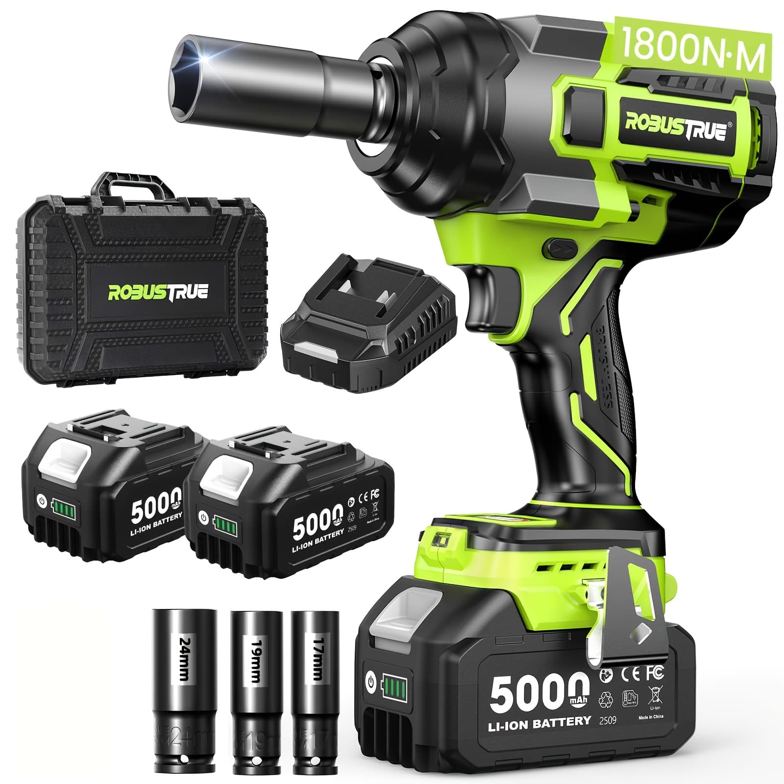 TEMU Robustrue Brushless Cordless Impact Wrench 1475ft-lbs(1800nm) High Torque - 2*5.0ah Battery & Fast Charger, Heavy-duty Impact Gun With Socket Set | Home Improvement Tools
