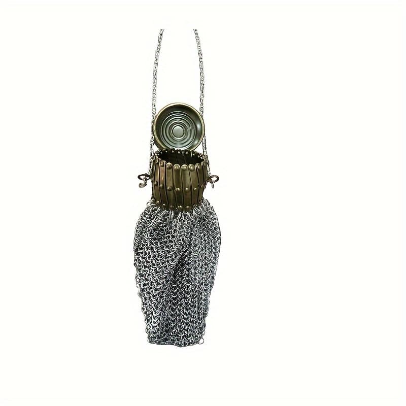 TEMU Handmade 1920s British Change Purse, Mini Retro Double Mesh Coin Purse, Victorian Sterling Silver Twisted Lid Top Mesh Belt Coin Purse, Silvery Antique Additions