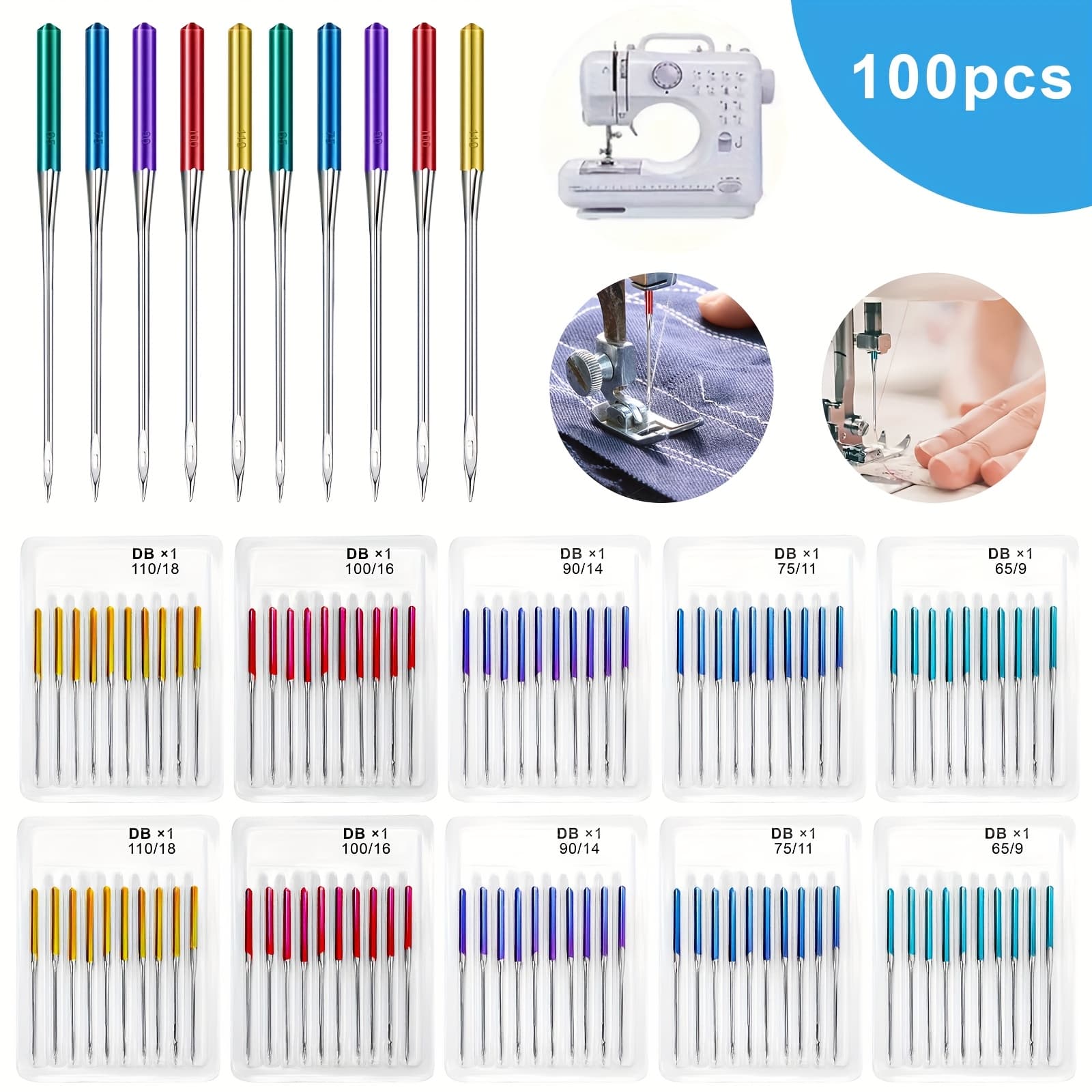 TEMU 100pcs Of Universal Sewing Machine Needles, Suitable For Regular Point Machines, Sizes 9, 11, 14, 16, And 18, Designed For Home Sewing Machines And Their Additions