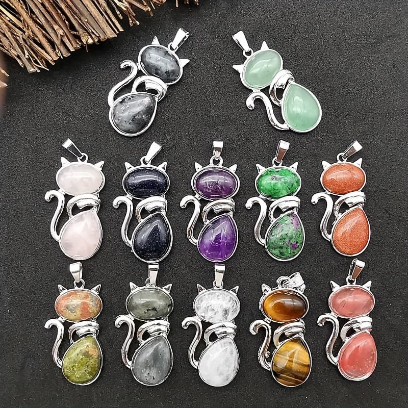 TEMU 10pcs Set Random Fashionable Natural Stone Pendant Colorful Kitten Pendant Suitable For Necklace Keychain Jewelry Making