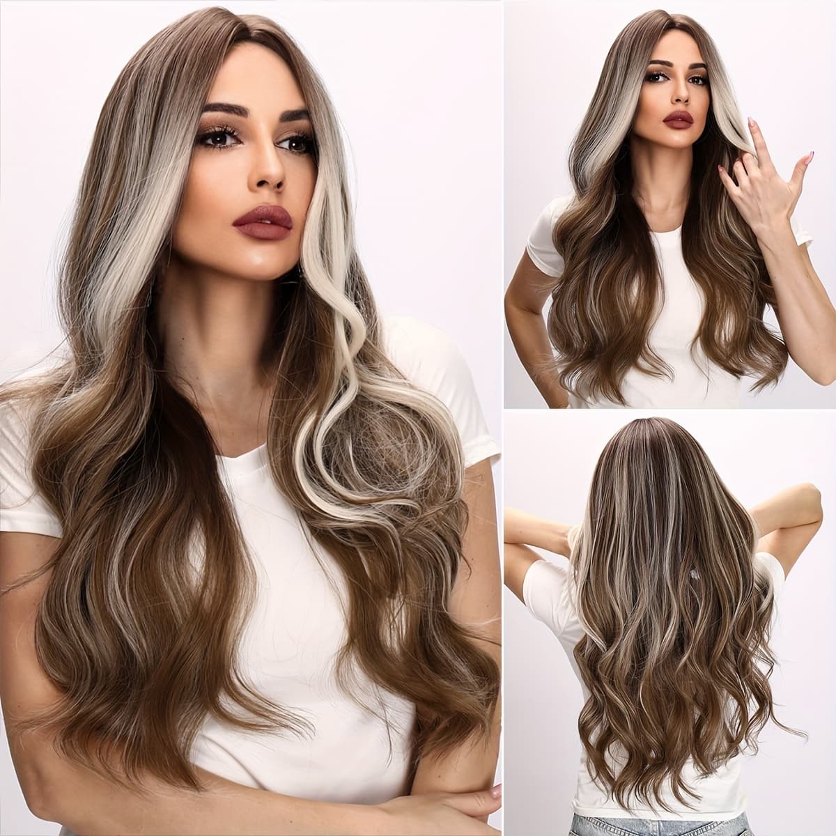 TEMU 30 Inch Women's Synthetic Wig - Brown Highlight Dyed Curly Long Wig, Center Heat-resistant Wig - For Halloween Parties And Costume Role-playing