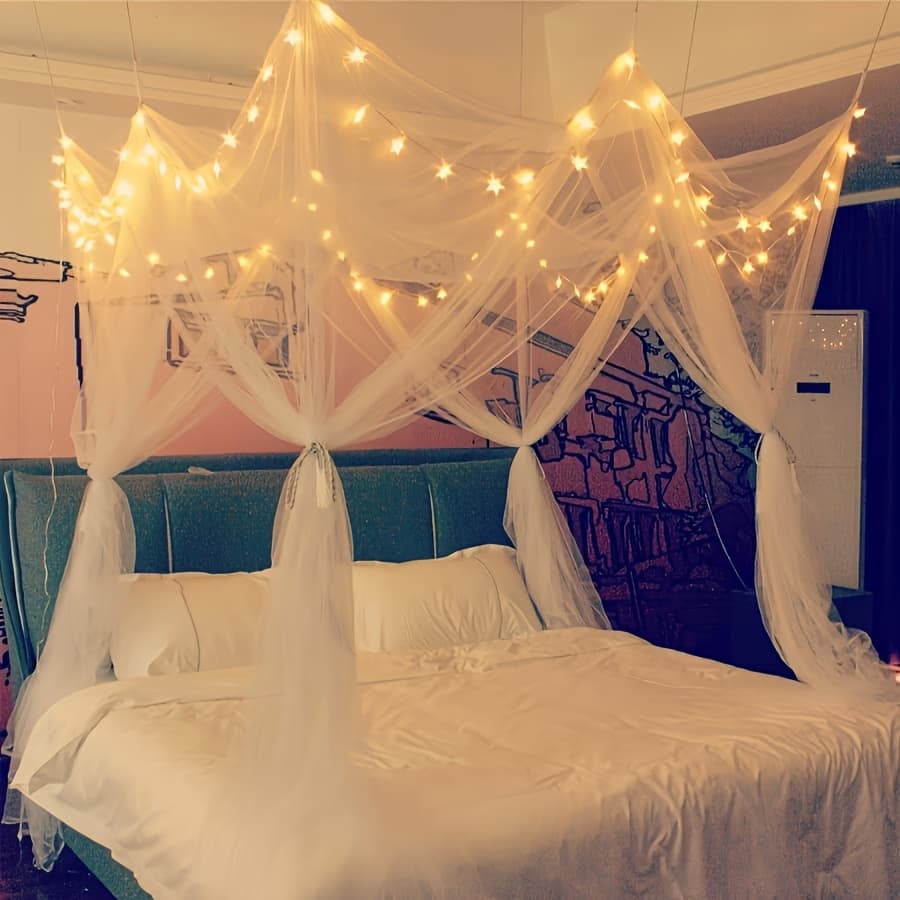 TEMU 8 Corner Bed Top With 100 Led Star String Lights Battery Powered, Of Bed Net 4 Door Square Awning Bed Curtain - Recommended Double Bed Double Bed Large Bed