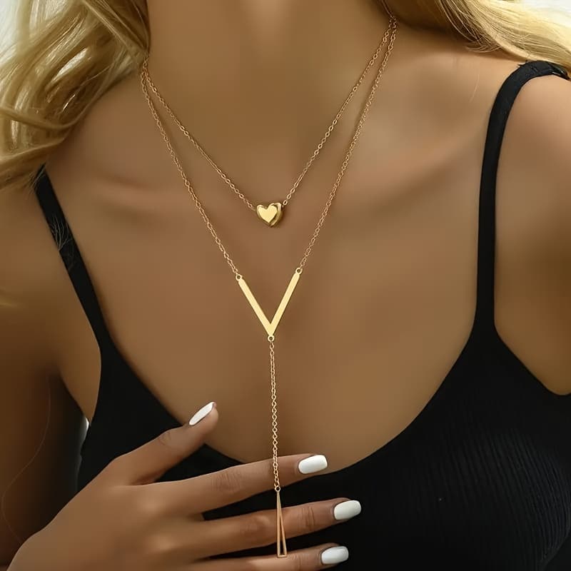TEMU 1 Fashionable Double-layered Love V-shaped Pendant Long Chain Pendant Necklace