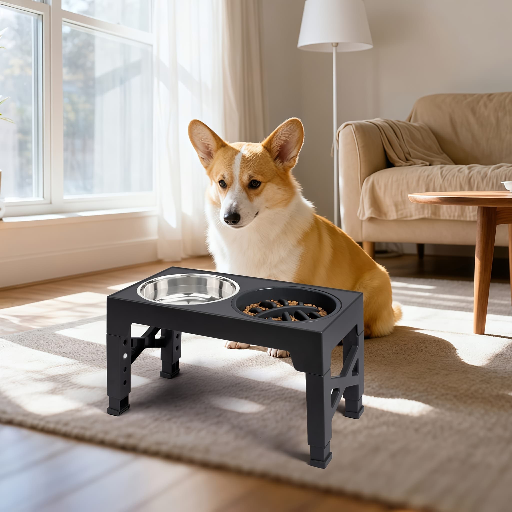 TEMU Elevated Dog Bowls, 5 Adjustable Raised Dog Bowl Stand, With 2 Stainless Food Bowls And 1 Slow Feeder Dog Bowl, Adjusts To Height 3.2" To 12.2" For Small Medium Large Dogs