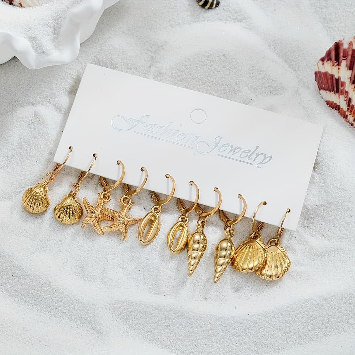 TEMU 5 Pairs Bohemian Style Golden Starfish Shell Pendant Earrings Set Summer Casual All-match Ear Jewelry Suitable For Daily Wear