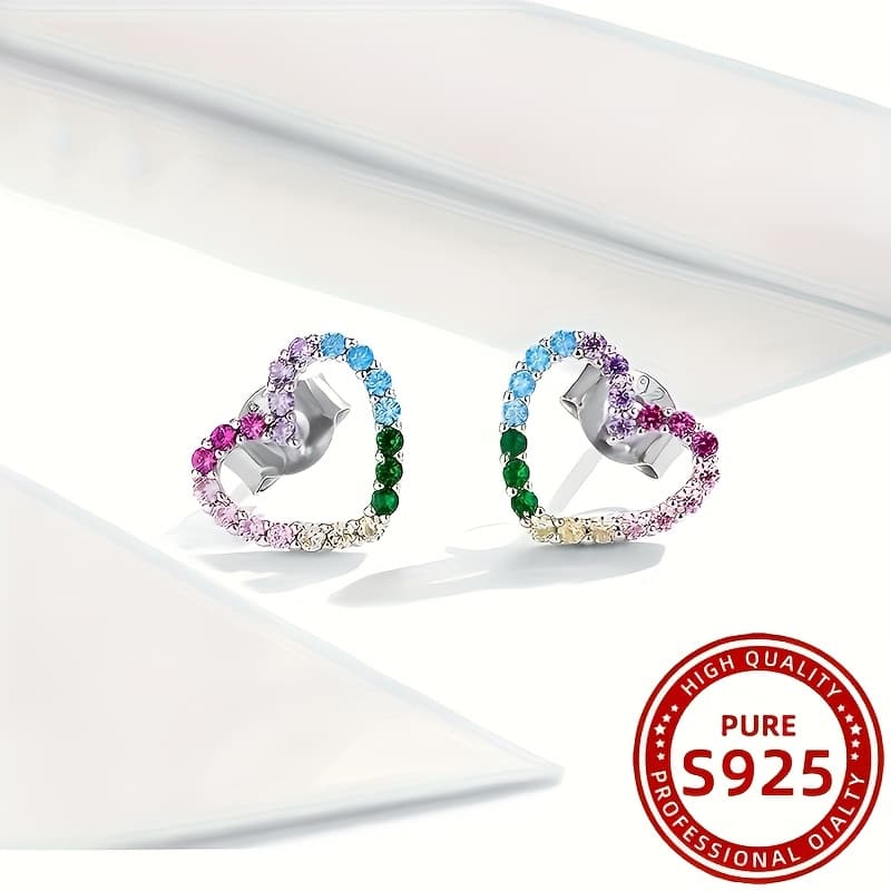 TEMU A Pair Of Stylish Heart-shaped Earrings For Women, Featuring Colorful Synthetic Synthetic Zirconia, Made Of 925 Silver, Perfect For Gifts And Casual Attire During Vacations.