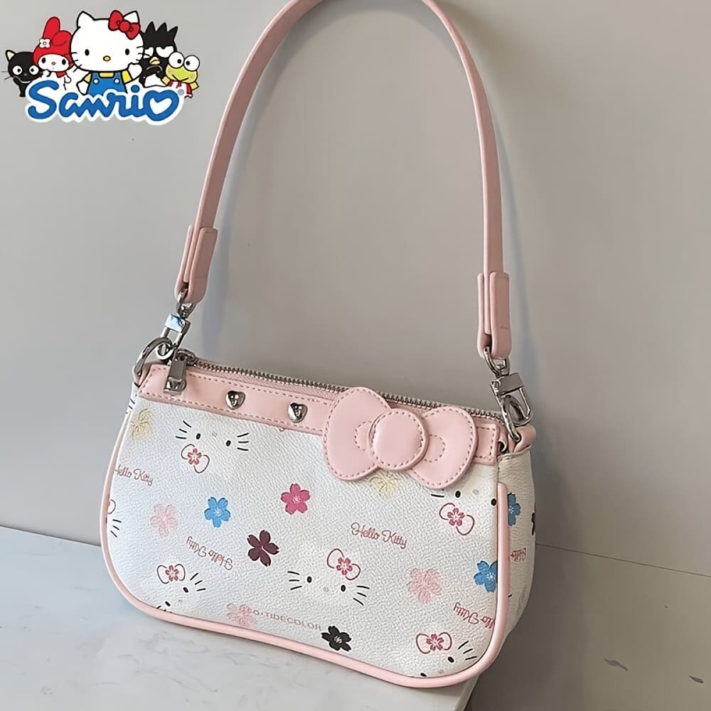 TEMU Cute Hello Kitty Shoulder Bag With Cartoon Pattern & Bow Decoration Honey Underarm Bag, Elegant Cartoon Print, Lightweight, Zip Closure, Polyester Lined, Anime Themed, Hand Washable