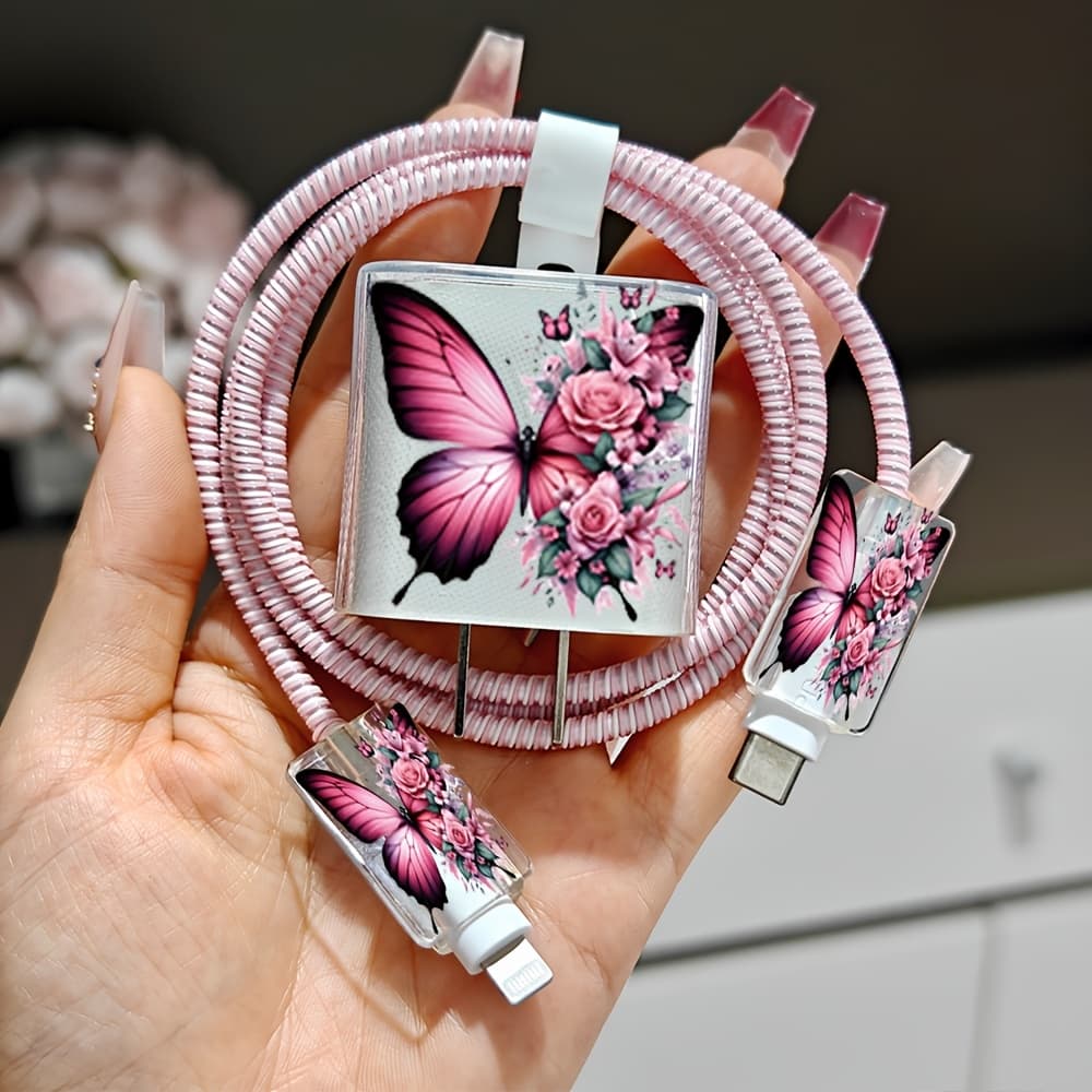 TEMU 5pcs Pink & Cable Protector Set For Iphone 16 15 14 13 12 11 Pro Max, Anti-break Anti-wear Cable Saver Compatible With For 18w/20w Adapter, Cute Gift For Couples