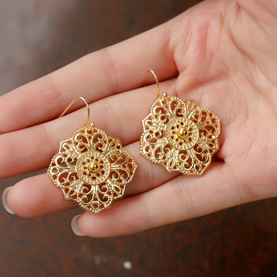 TEMU Creative Luxury Hollow Drop Earrings With Patterns, Perfect For Women's Wedding Adornment