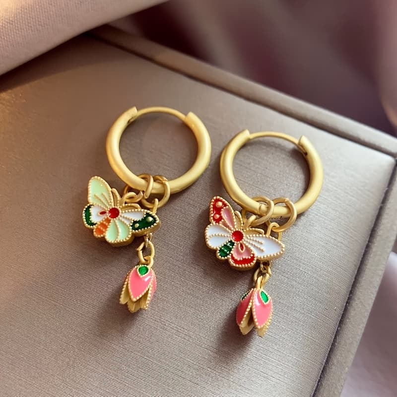 TEMU A Pair Of Chinese Style Colorful Oil Tulip Earrings For Women, Fashionable Retro Temperament Earrings, Copper , Suitable For Women' Wear