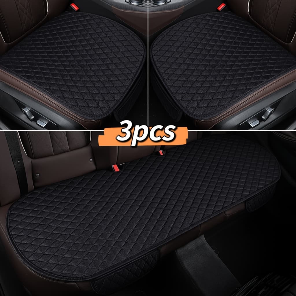 TEMU Linen Texture Car Seat Cushion 3pcs Set With Small Rhombus Embroidery, Universal Cushion With Storage Pocket, Includes 2 Front Seat Cushions And 1 Rear Seat Long Cushion, 3pcs Seat Cushion Set