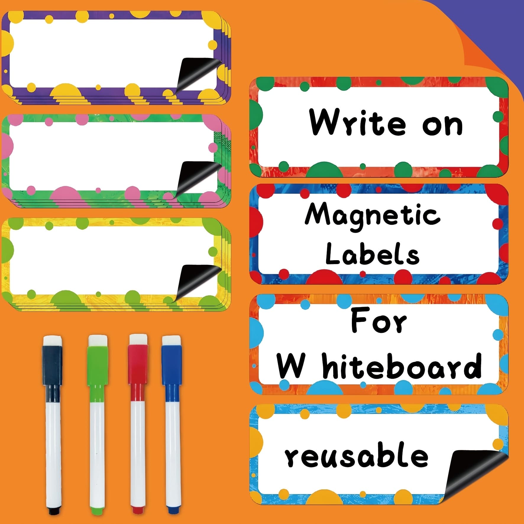TEMU 54 Colorful Magnetic Labels - Reusable Dry-erase Magnets, Comes With 4 Markers, Featuring Colored Borders Suitable For Refrigerators, Whiteboards, Storage Shelves, Offices, And