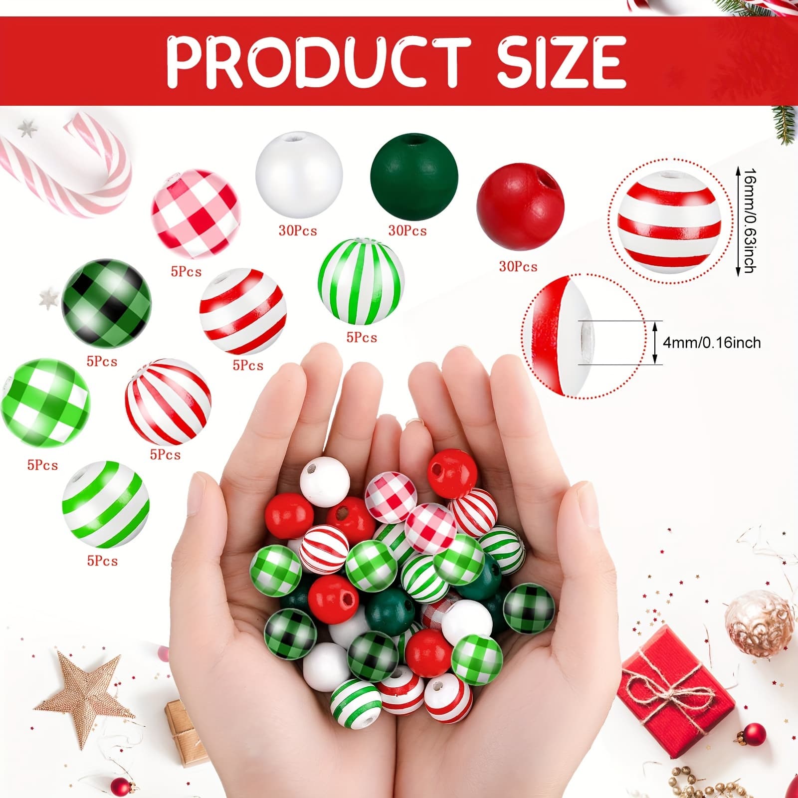 TEMU Efrey 135 Christmas Wooden Beads, Checkered Stripes, Wooden Bead , Wooden Beads, Farmhouses, Wooden Bead Decorations, Handmade Jewelry Making, White Beads (green, Red, White, Black)