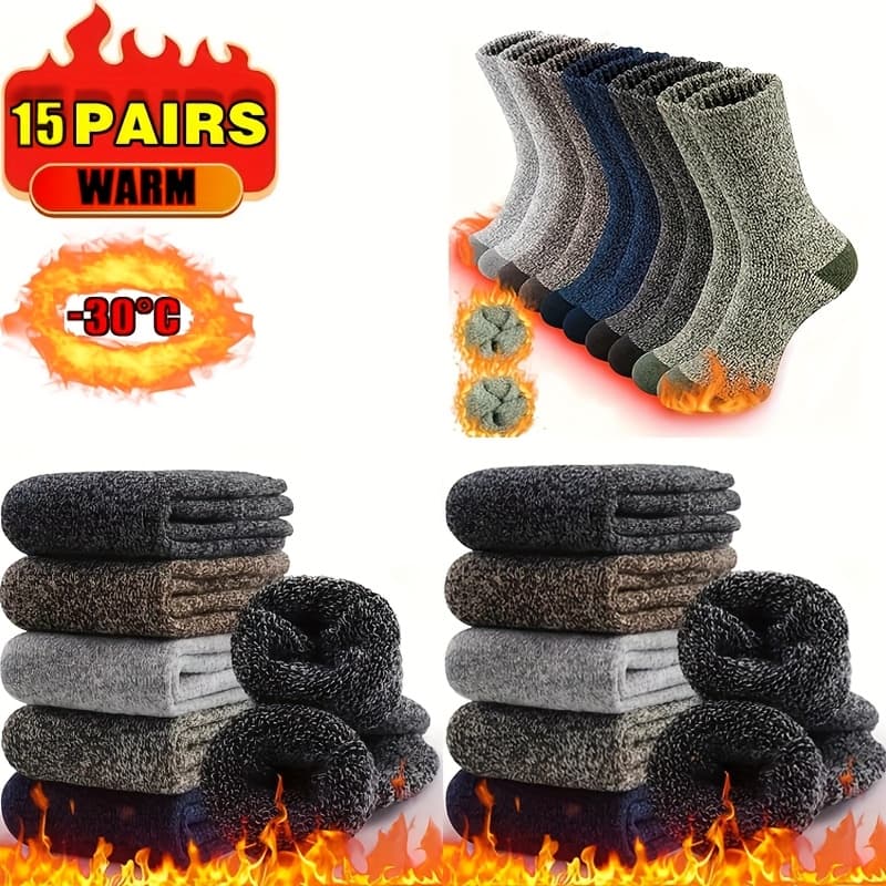 TEMU 15 Pairs Of Men's Warm Hiking Socks Made From Merino Wool, Extra Thick For Winter, In Us Sizes 7 To 13