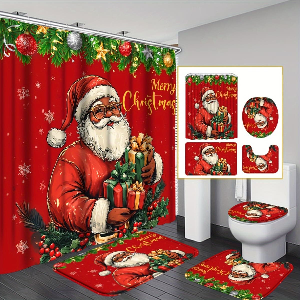 TEMU 4pcs Festive Santa Claus Shower Curtain Set, Bathroom Curtain With 12 Hooks, S, Non-slip Bath Rug, Toilet Mat, Toilet Lid Cover Pad, Bathroom Accessories, Bathroom Christmas Decorations Gifts