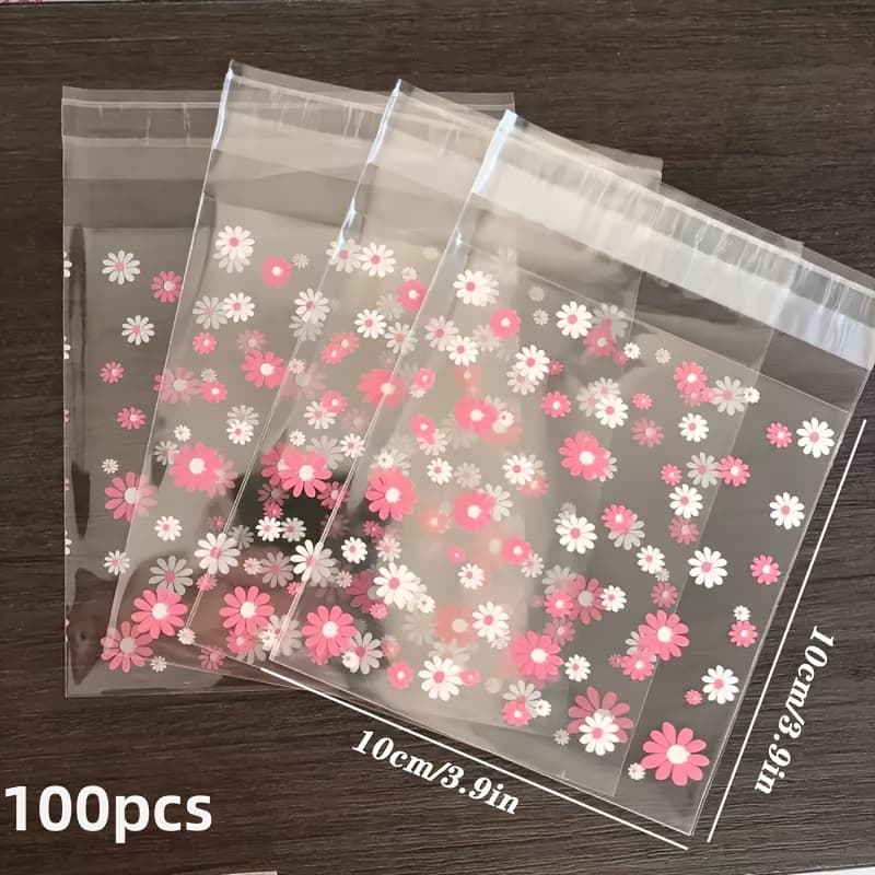 TEMU 100pcs Transparent Packing Bag, And White Small Daisy Transparent Opp Packaging Bag, Disposable Candy Biscuit Food Packaging Bag, Kitchen Storage Supplies, Christmas Supplies