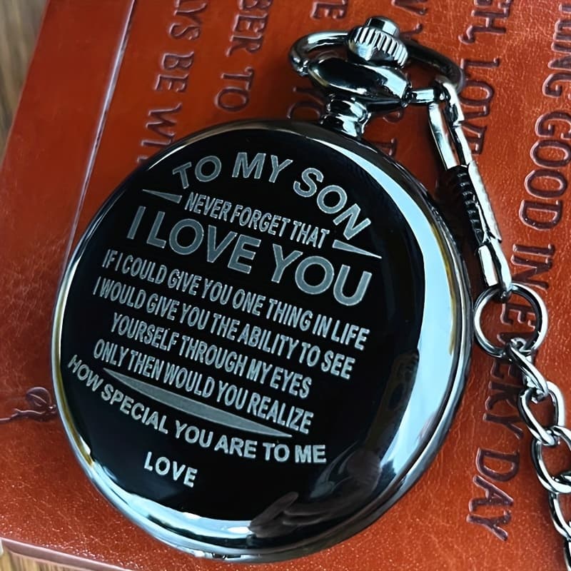 TEMU 1pc Vintage Style Men' Watch, "to My Son - I Love You" Engraved, Round Dial, Non-waterproof, Quartz Movement, Alloy Case, Elegant Waistcoat Chain Accessory