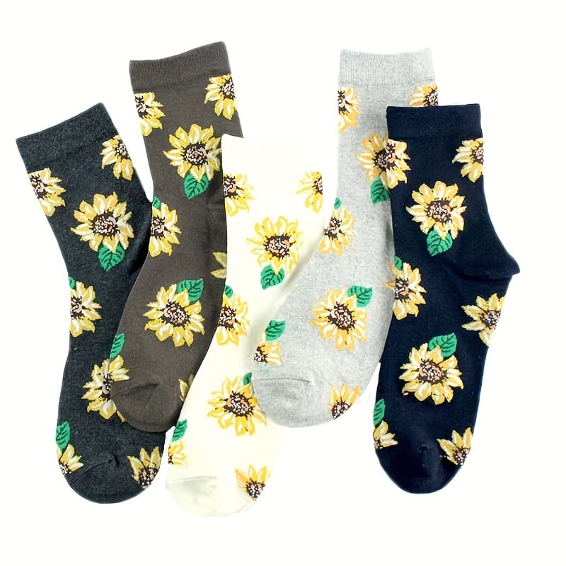 TEMU 5 Pairs Of Women's Mid-tube Socks, New Autumn Style, Sunflower, , Cute, Sunny, Fashionable, Individual, Academy Style, Women's Socks