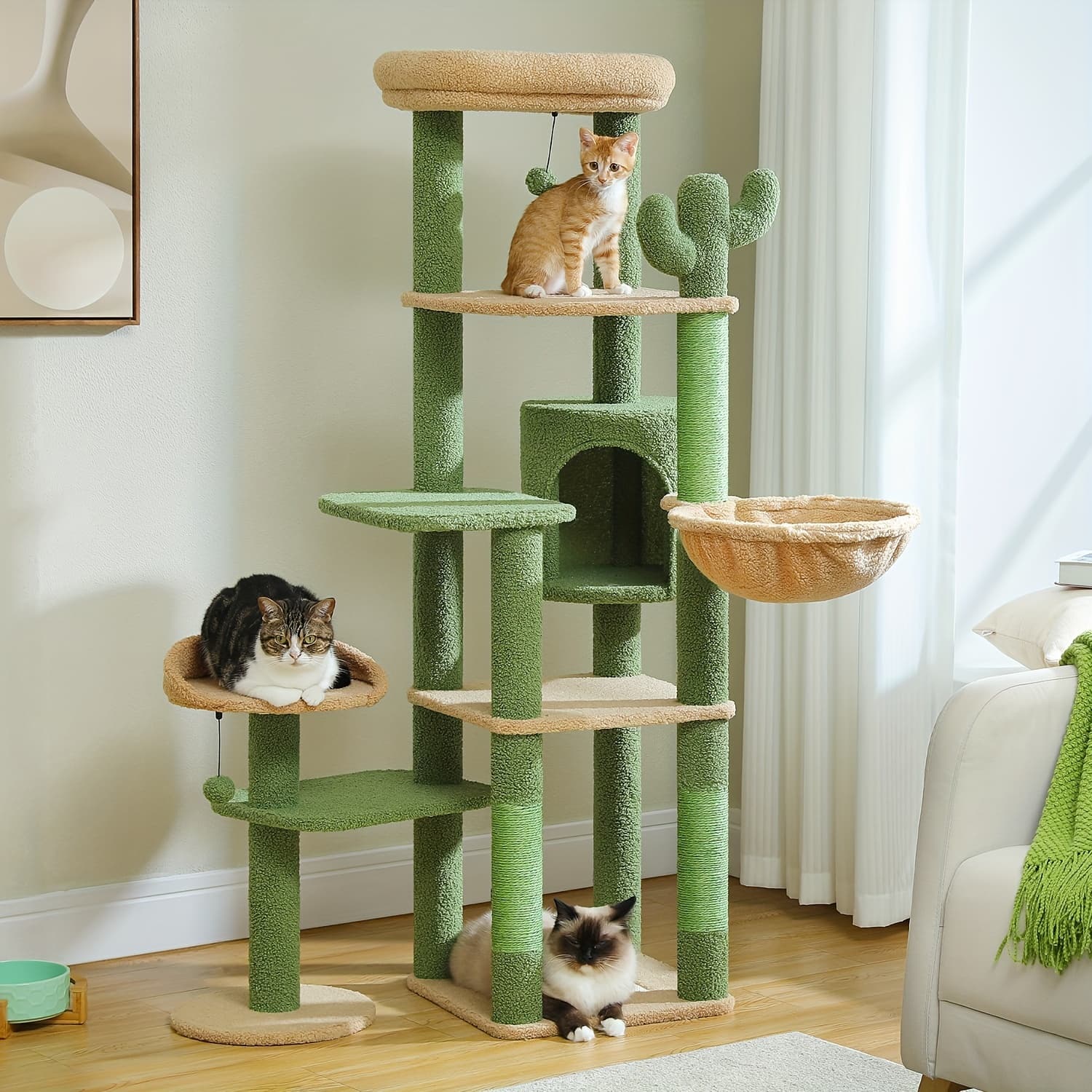 TEMU 59" Cactus Cat Tree, Large Cat Tree For Indoor Cats, Cat Tower For Large Cats, Multi-level Cat Tower, Cat Condo With Large Hammock, Scratching Post, And 2 Perches