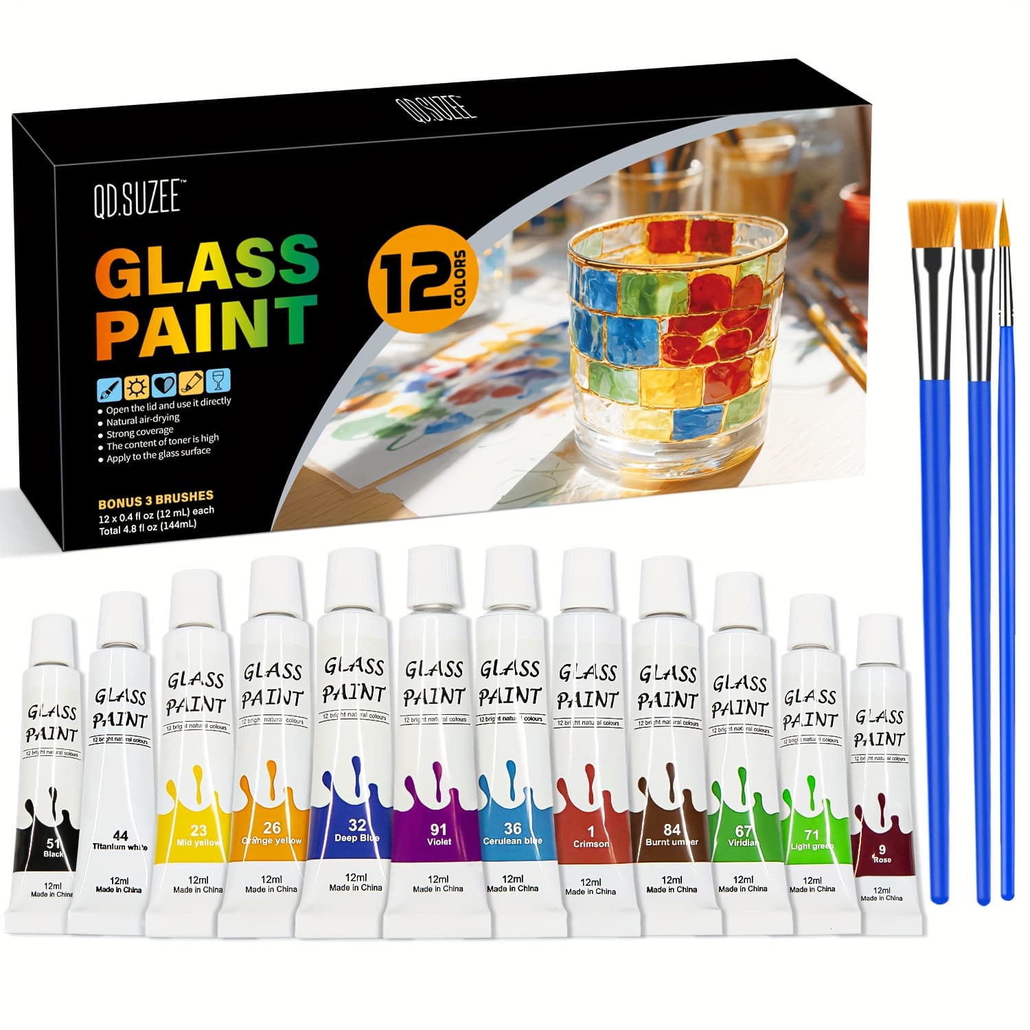 TEMU Stained Glass Painting Kit, Paint Acrylic Set Window Paint Set, Non Toxic, 12 Colors Paint On Transparent Glass Painting, Wine Glasses, For Artist Adults With 3 Brushes.
