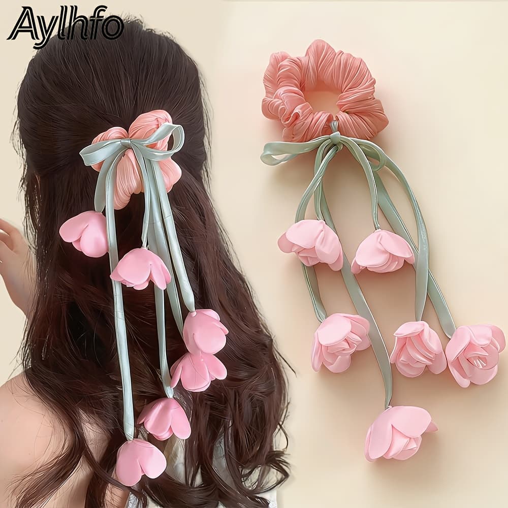 TEMU 1pc Aylhfo New Lily Of The Valley Tulip Floral Large Hair Tie, Women's Fashion Bohemian Long Tassel High Elastic Hair Tie, Ponytail Hair Tie, Suitable For Daily And Holiday Party Wear