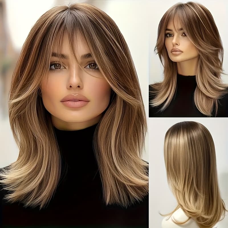 TEMU 20-inch Stylish Brown Layered Wig Made From Synthetic Fibers, , Parties, Easter Celebrations, Presents, And More. An For Gifting, Includes A Complimentary