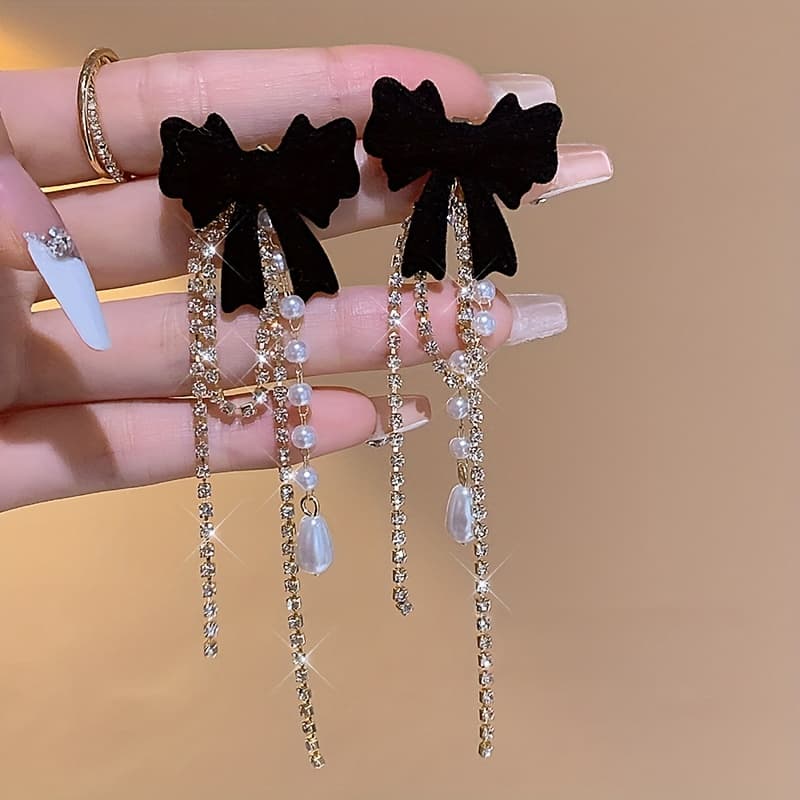 TEMU 2pcs Elegant Black Bow & Long Tassel Earrings Vintage French Luxury Stud Earrings Jewelry Accessories Suitable For Bride & Birthday Gift New Year Gift Valentine's Day Gift