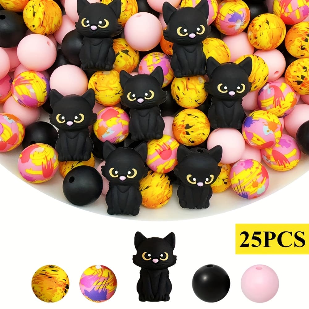 TEMU 25pcs Black Cat Silicone Bead Set, Colorful Printed Beads For Making, Bracelet, Necklace Crafting, And Home Decor - Beads & Bead Assortments