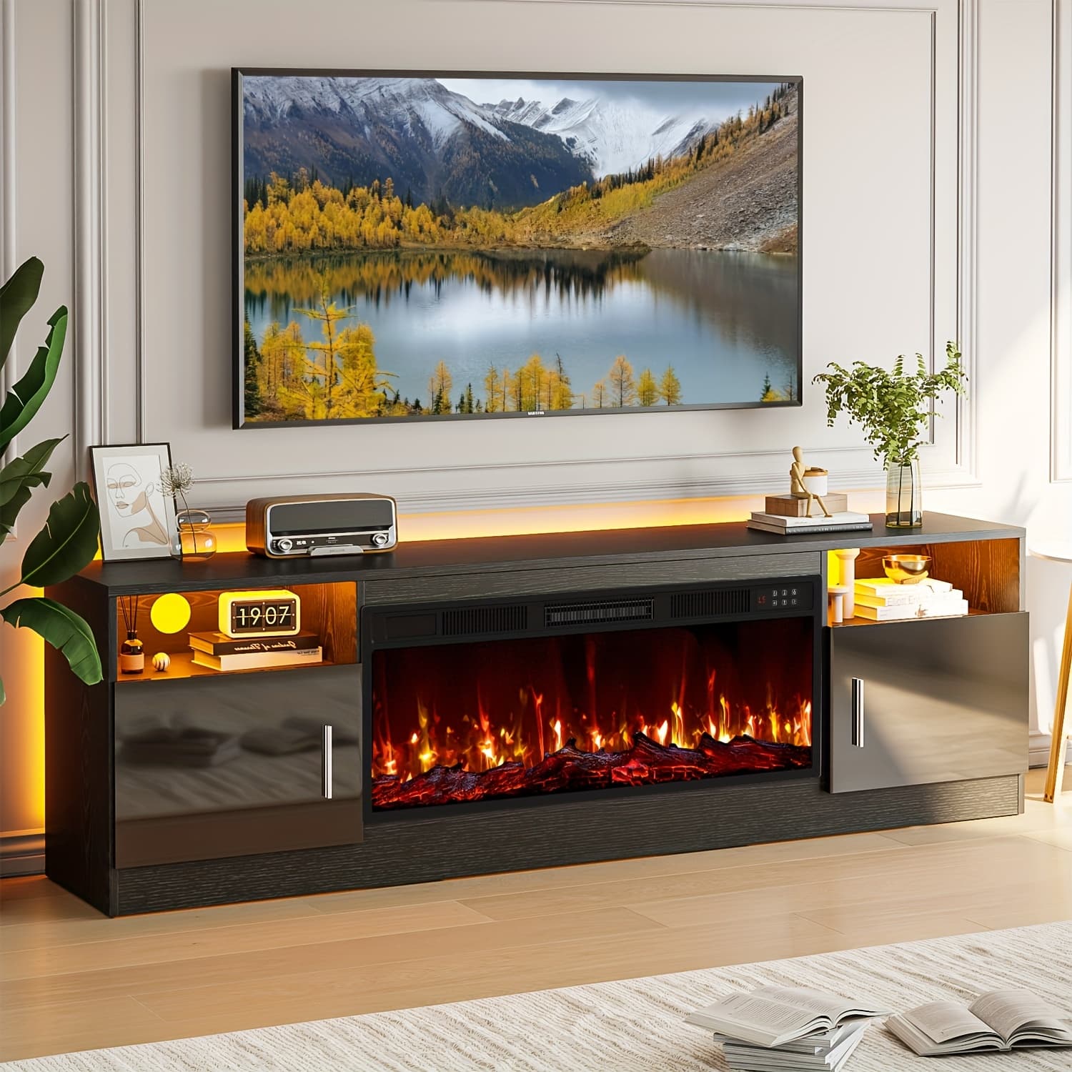 TEMU Fireplace Tv Stand With 36 Inch Fireplace Up To 80" Tvs, Led Light Entertainment Center And Storage, 70" Modern Wood Media With Highlight Cabinet For Living Room