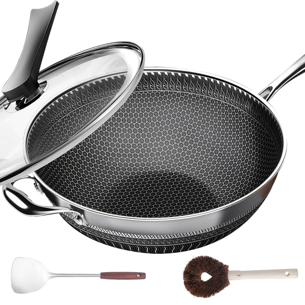 TEMU 13.3inch Stainless Steel Wok With Lid And 2pcs Cookware Accessories, Honeycomb Design, Pan, Induction Cooker, Electric Ceramic Stove And Kitchenware