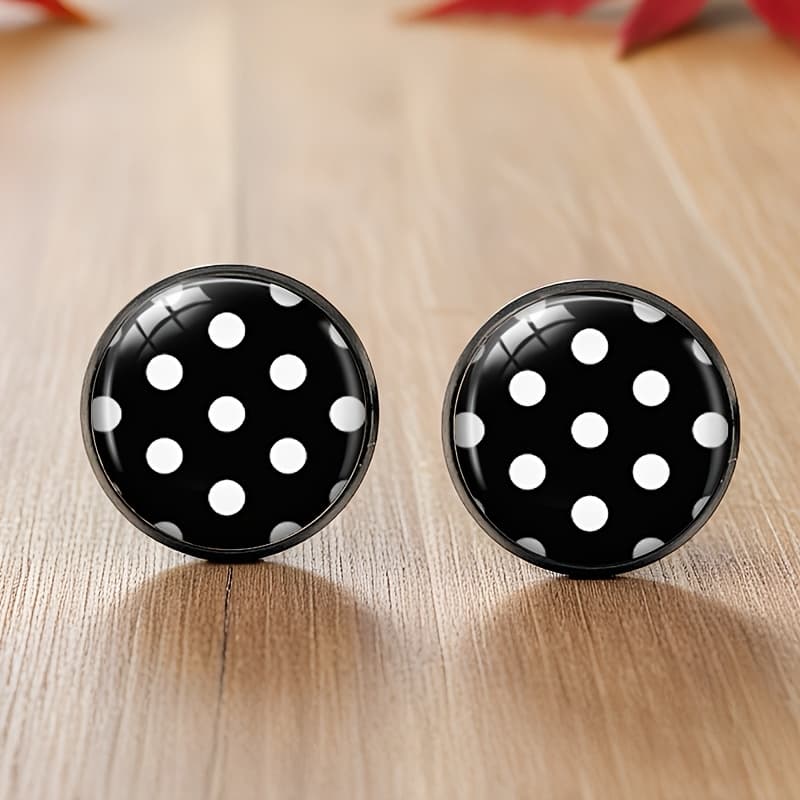 TEMU Black White Stud Earrings Round Glass Cabochon Earrings Handmade Jewelry, Without Battery