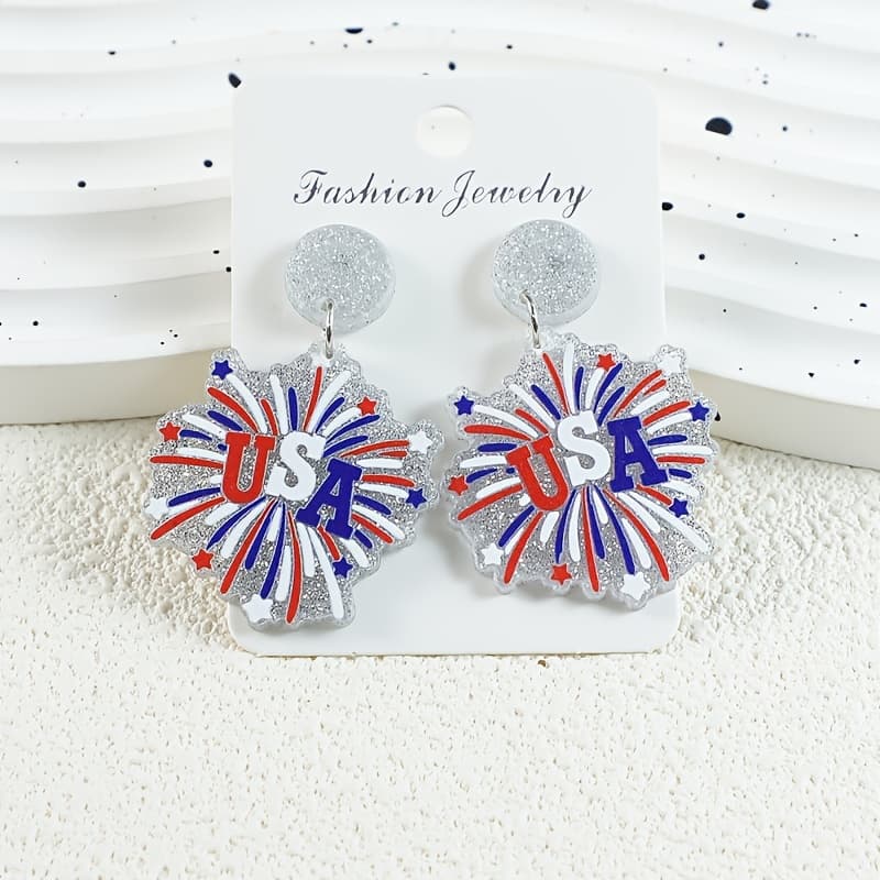 TEMU American Day, Fireworks Blooming, Usa Women's Acrylic Earrings, Silvery White Sequined Sparkling Studs, Suitable For Vacation And Festive Celebrations Women's Jewelry