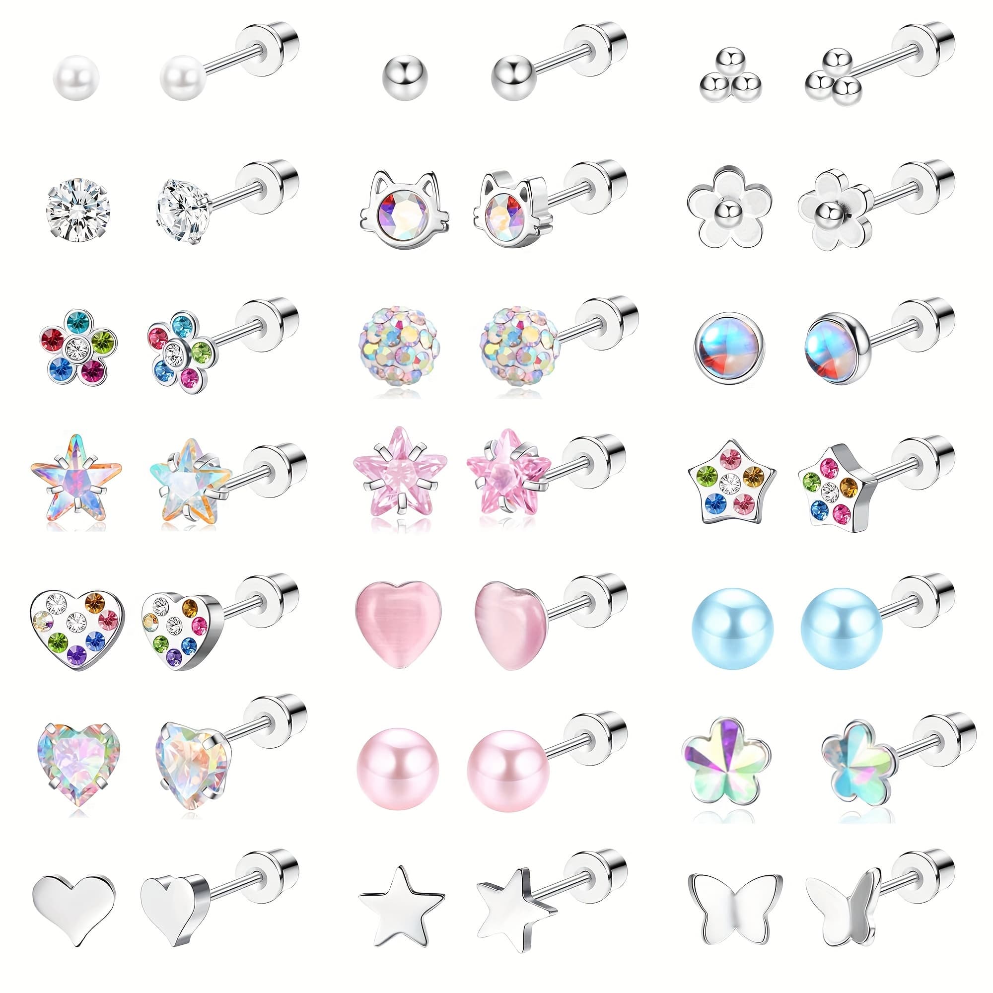 TEMU 2d Flat - 21 Pairs Of Screw-back Earrings For Women, Featuring Surgical Steel 20g Ball Studs, Along With Adorable Multicolored Flower, Star, Heart, And Flat Back Stud Earrings